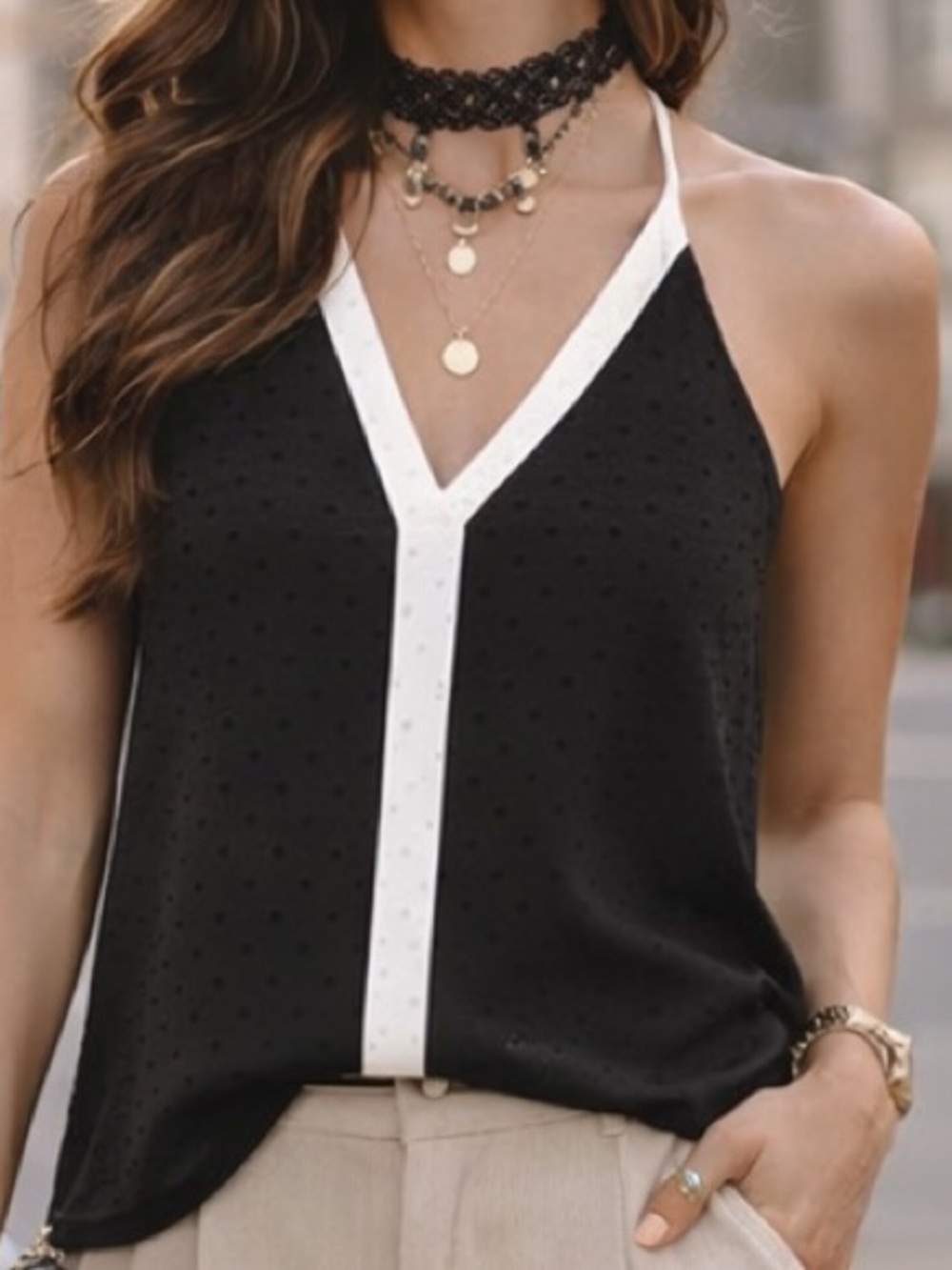 Sheer Polka Dot Halter Tank Top White Trim Flowy Blouse Chic Minimalist Boho, M